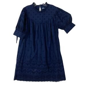 Nwot POLO RALPH LAUREN Dress 12 Navy Eyelet Ruffle Lined Cotton Puff-Sleeve